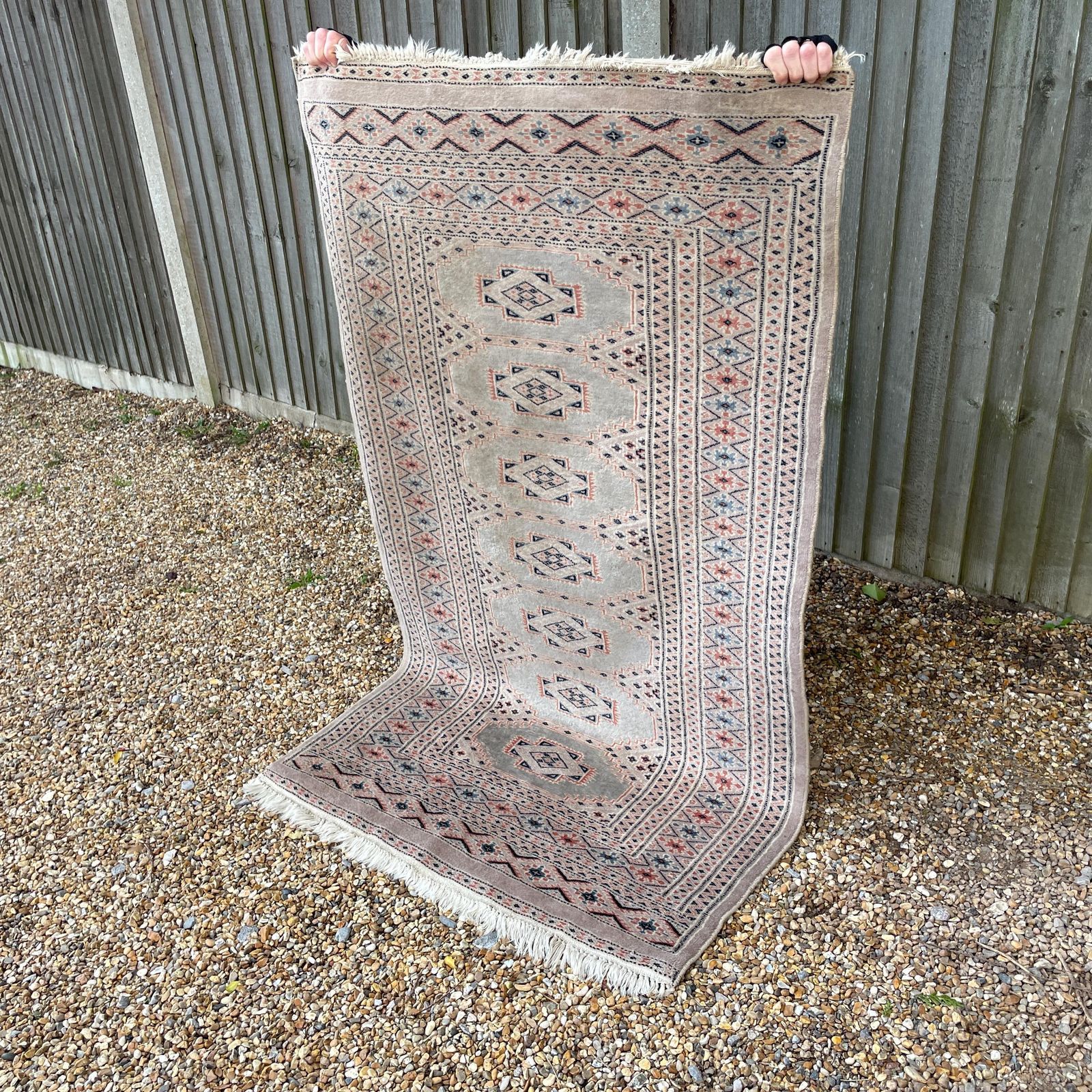 photo for sale Cream Bokhara Rug Hand Knotted Wool Geometric Pattern Runner Carpet Vintage Middle Eastern Pale Muted Tones