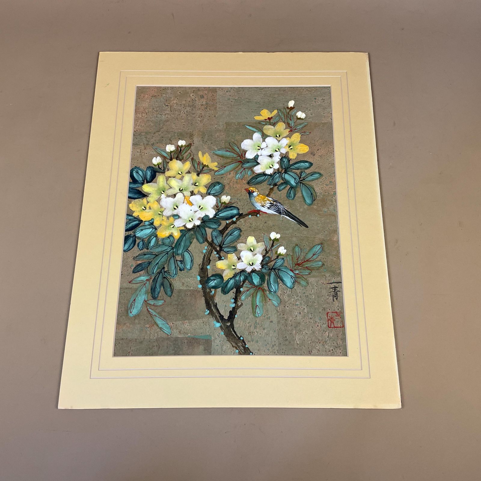 Hand Painted Cork Art Oriental Birds Flowers Unframed Chinese Panel Picture Bird Botanical Style Asian Mount