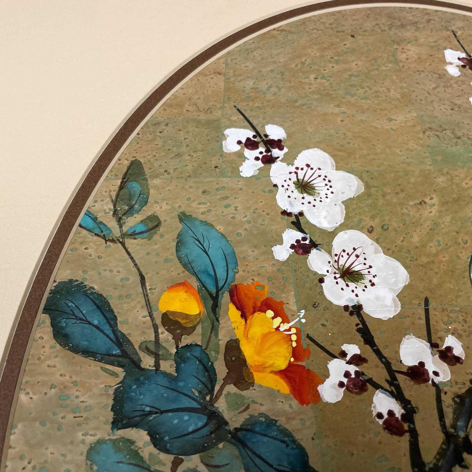 Hand Painted Cork Art Oriental Birds Flowers Oval Unframed Chinese Panel Picture Bird Botanical Style Asian Mount photo 89.0