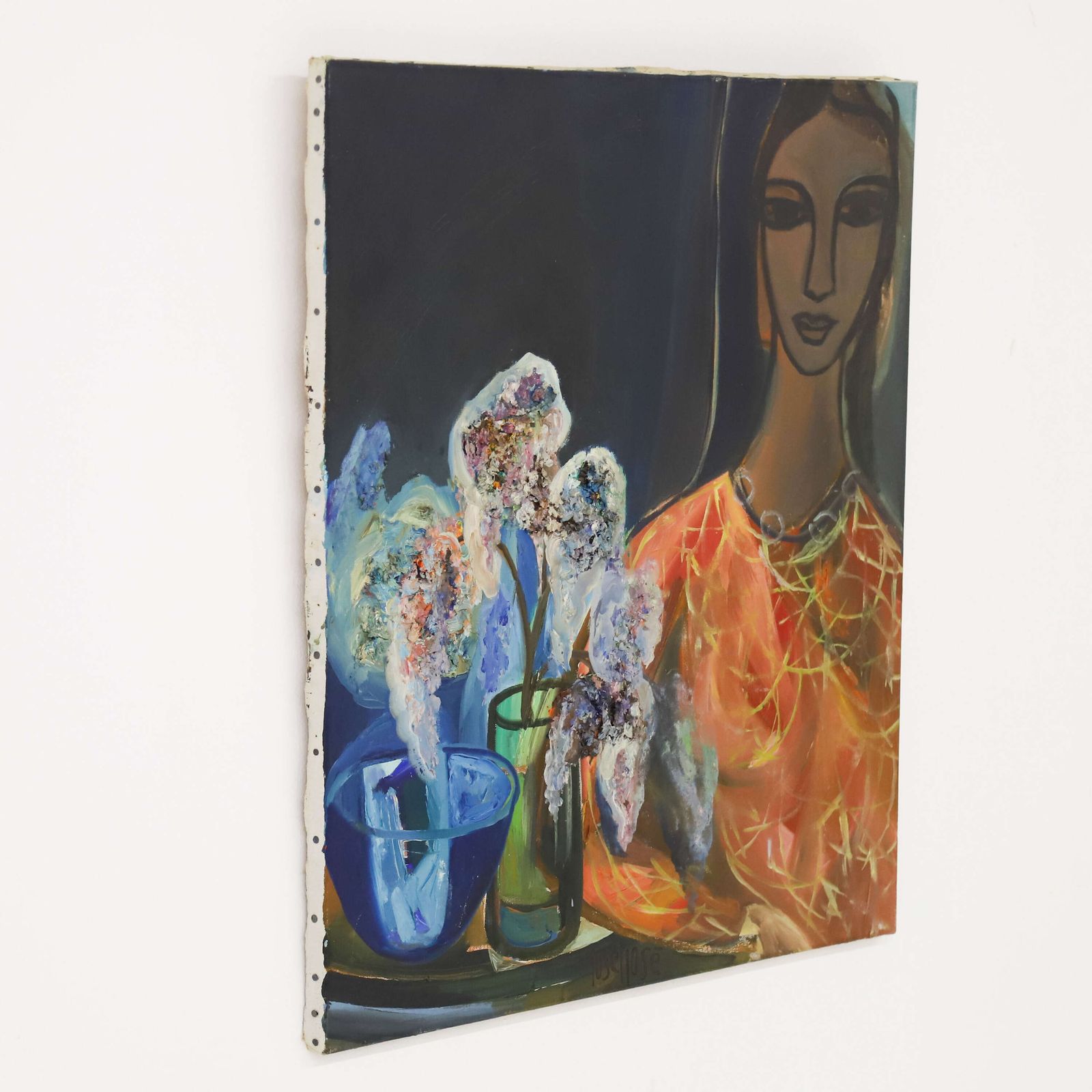 Swedish Mid 20th C Oil On Canvas ~ “Girl With A Jug Of Flowers” By Josef José, C.1960s photo for sale