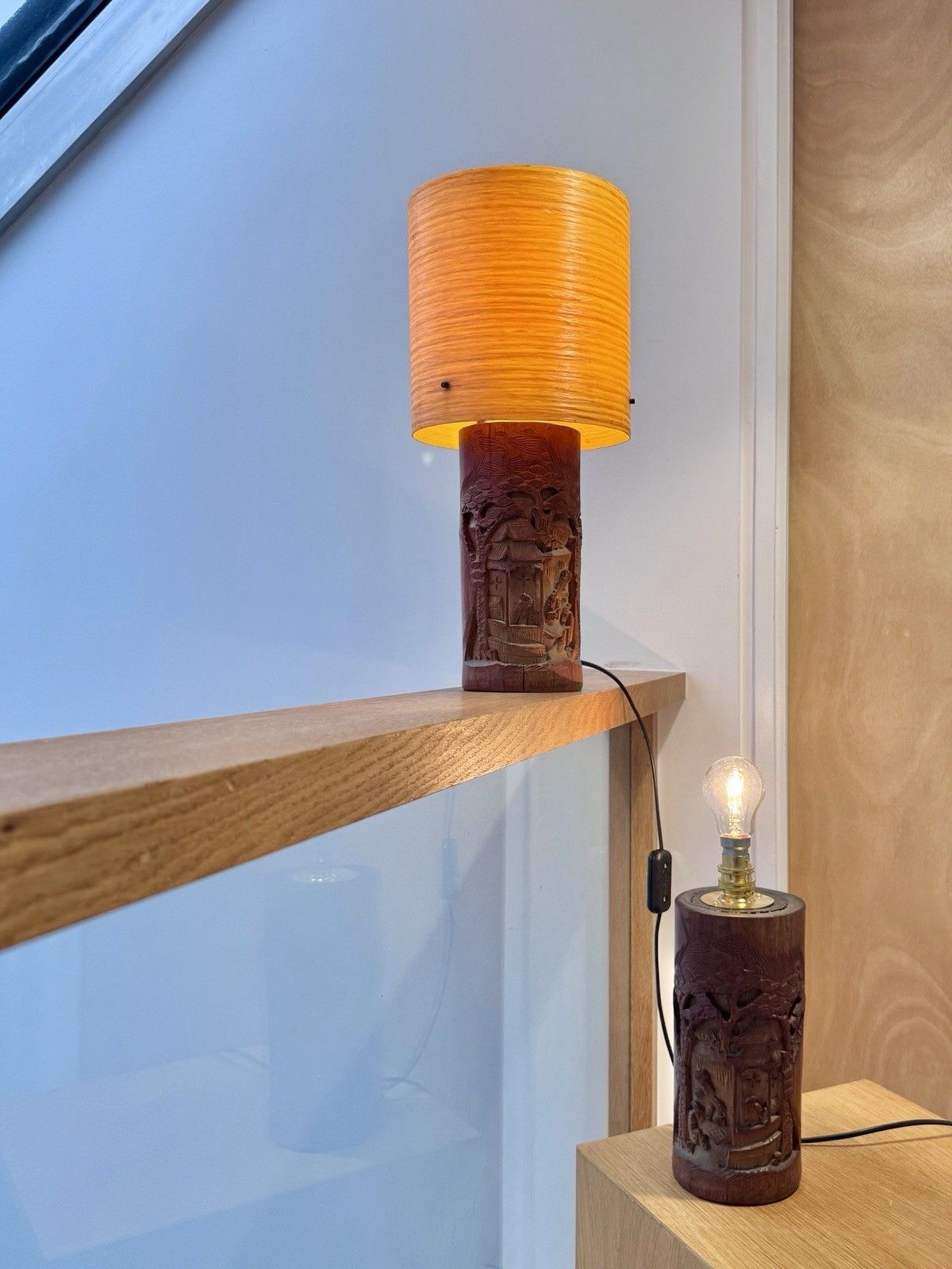 A Pair Of Antique Chinese Scholars Carved Bamboo Paint Brush Pot Lamps Rewired photo for sale