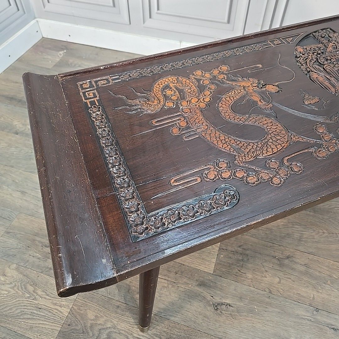 Vintage Oriental Coffee Table Carved Panel Glass Top Hardwood Chinese Retro photo vinterior