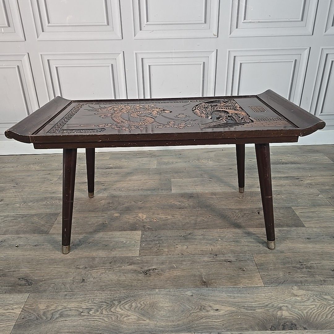 Vintage Oriental Coffee Table Carved Panel Glass Top Hardwood Chinese Retro photo vintage