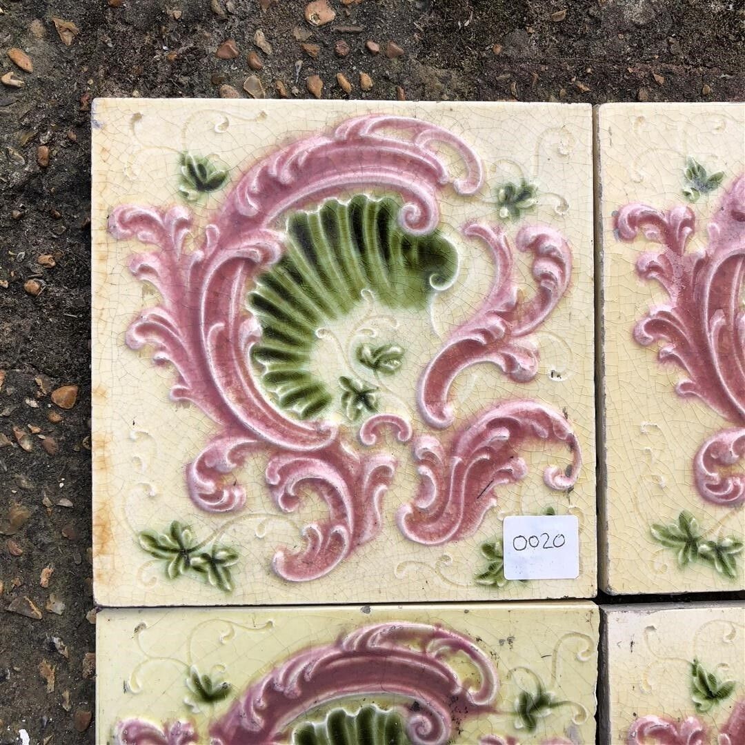 Six Antique Ceramic Fireplace Tiles Cream Glaze With Pink And Green Embossed Shell Design photo for sale