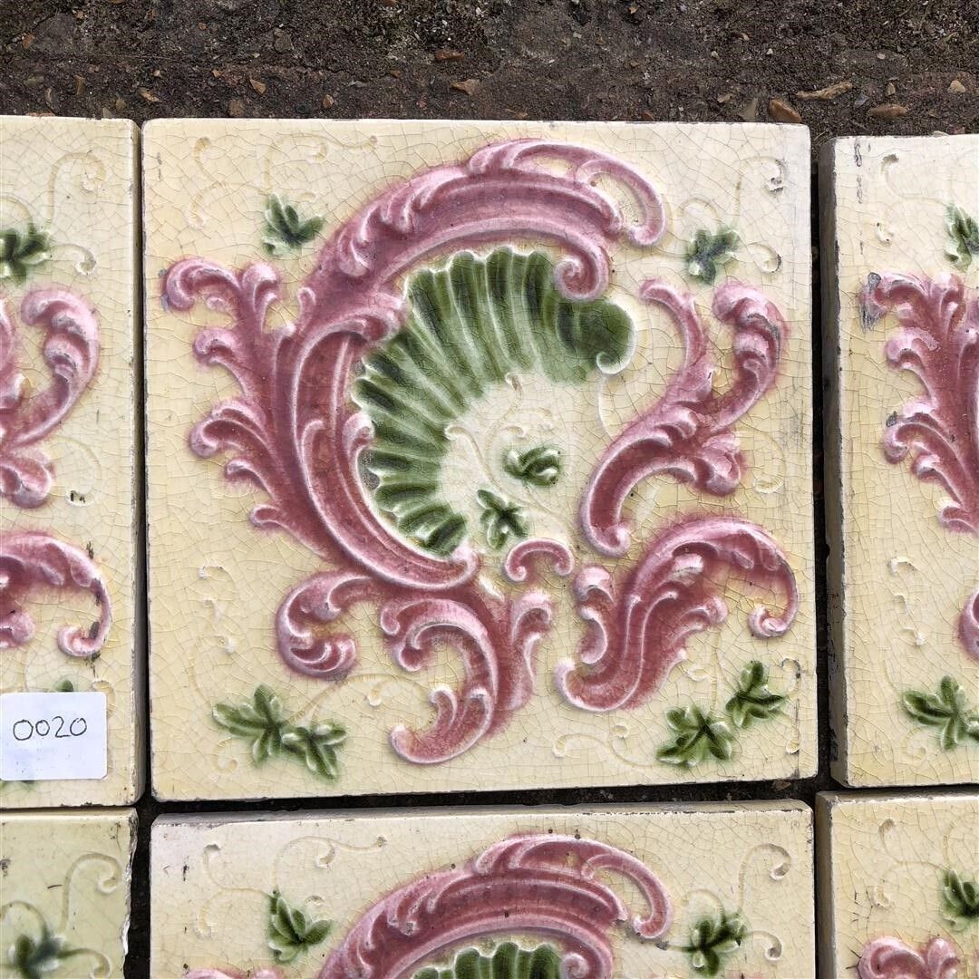 Six Antique Ceramic Fireplace Tiles Cream Glaze With Pink And Green Embossed Shell Design photo 95.0