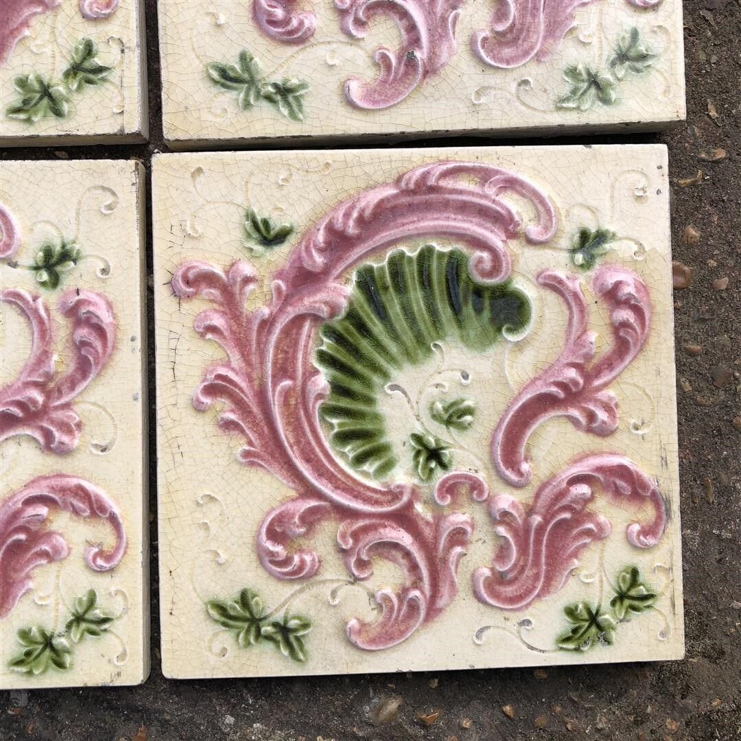 Six Antique Ceramic Fireplace Tiles Cream Glaze With Pink And Green Embossed Shell Design photo buy