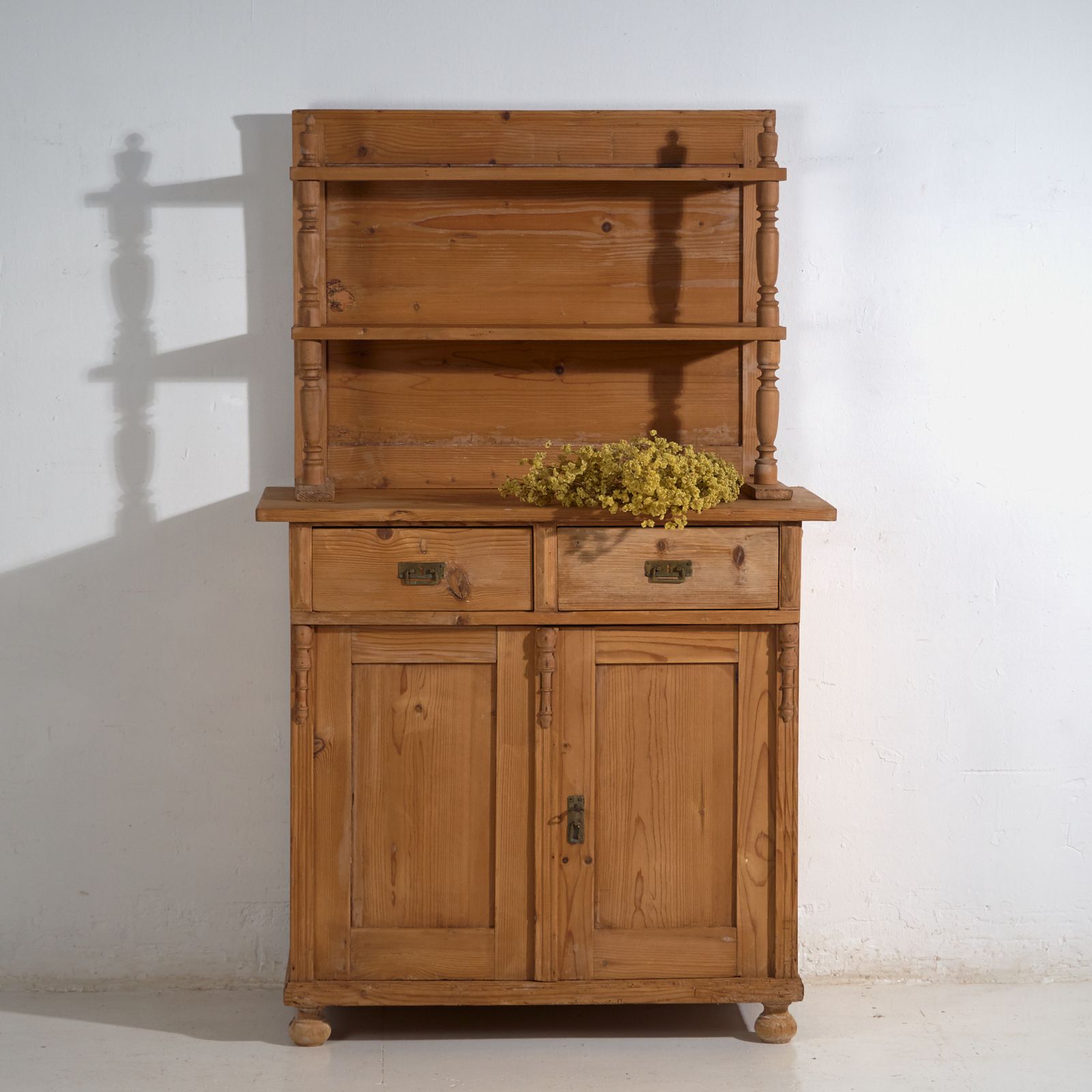 photo furniture Antique Pine Kitchen Dresser – Rustic European Cupboard With Shelves – Circa 1940