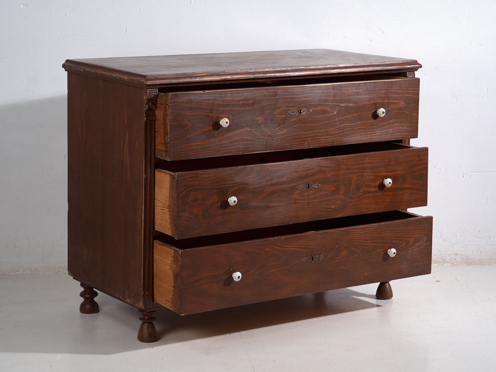 Antique Solid Pine Chest Of Drawers – Rustic European Dresser With Ceramic Knobs – Circa 1900 photo Furniture
