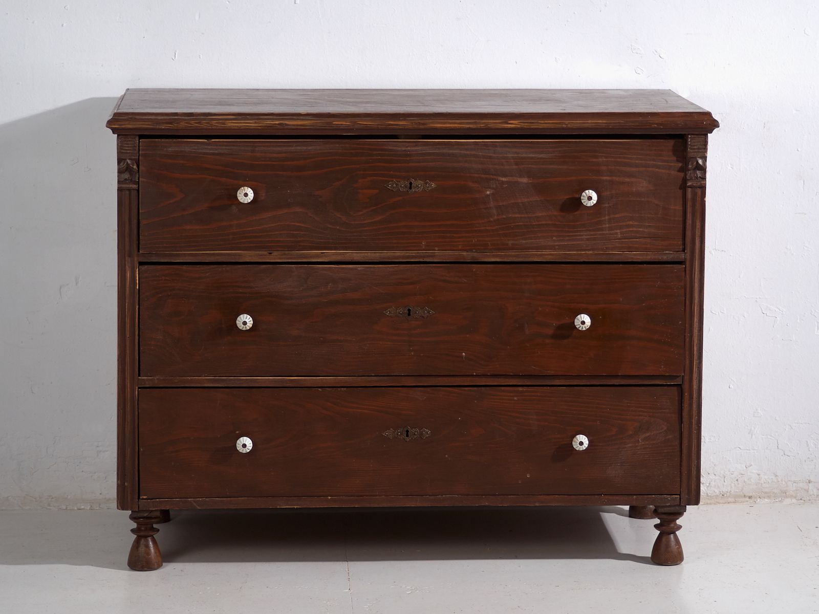 Antique Solid Pine Chest Of Drawers – Rustic European Dresser With Ceramic Knobs – Circa 1900 photo vinterior