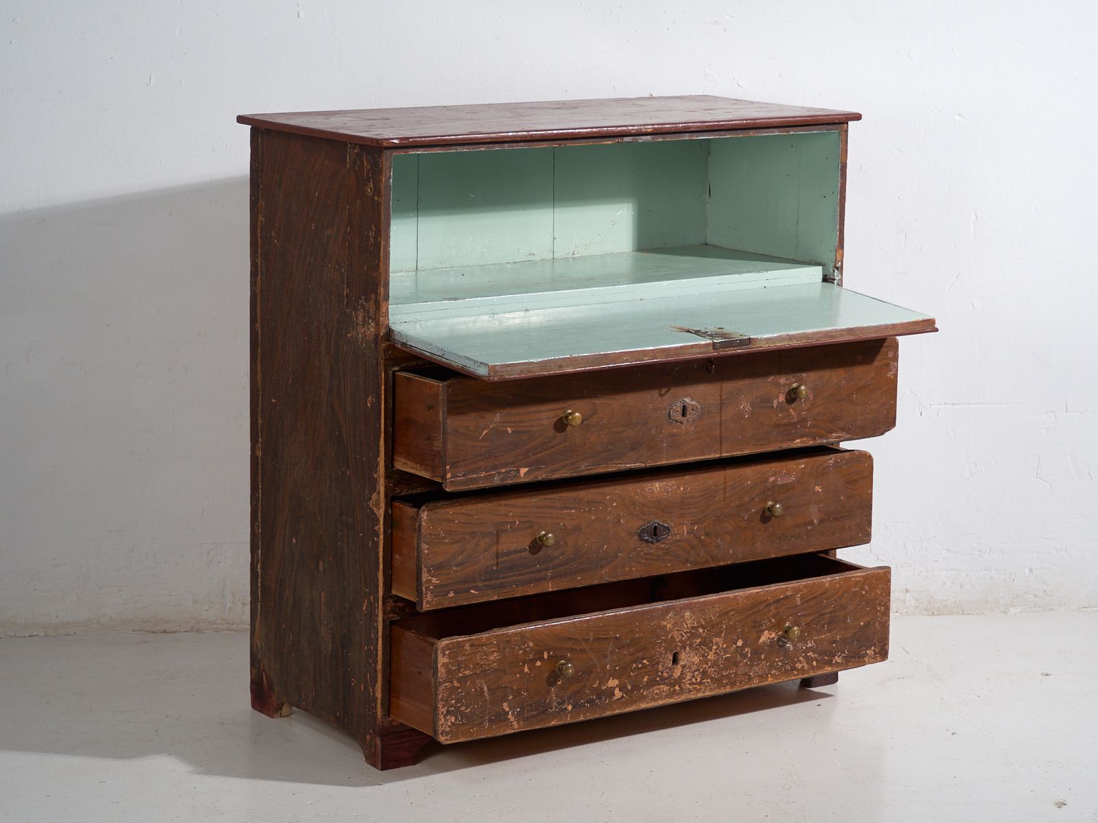 Antique Pine Bureau Chest – Rustic European Drop Front Secretary Dresser – Circa 1900 photo 1611.0