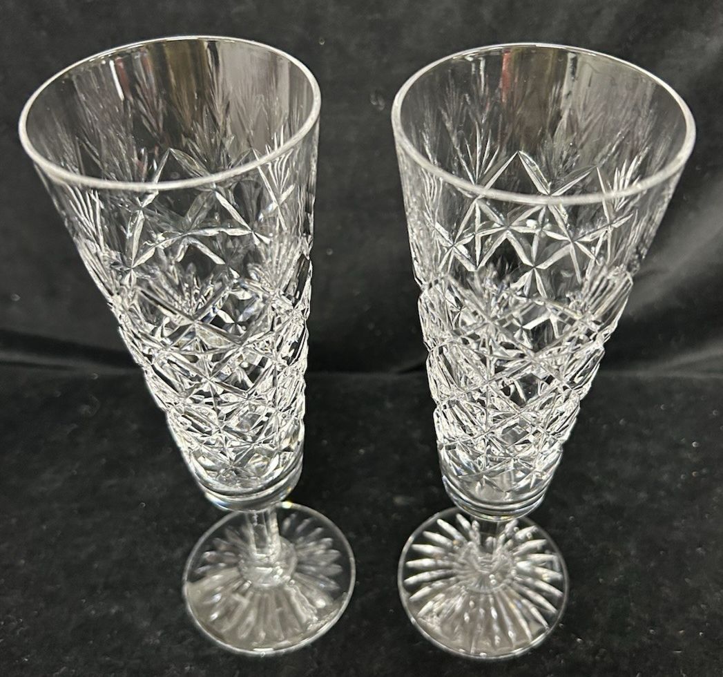 Stuart Crystal  Westbury  Pair Champagne Flutes Glasses 21cm photo for sale