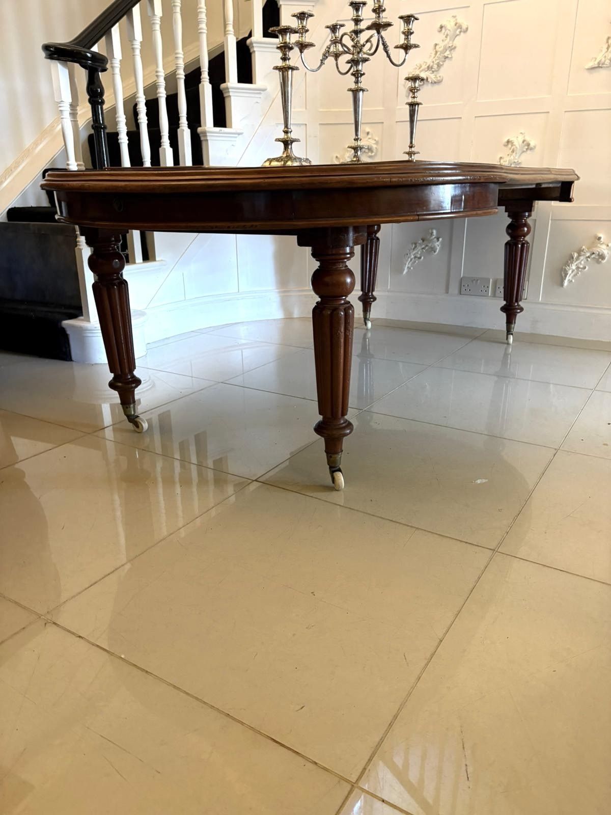 Antique 19th Century Mahogany Extending Dining Table, Wind Out Oval On Castors photo furniture