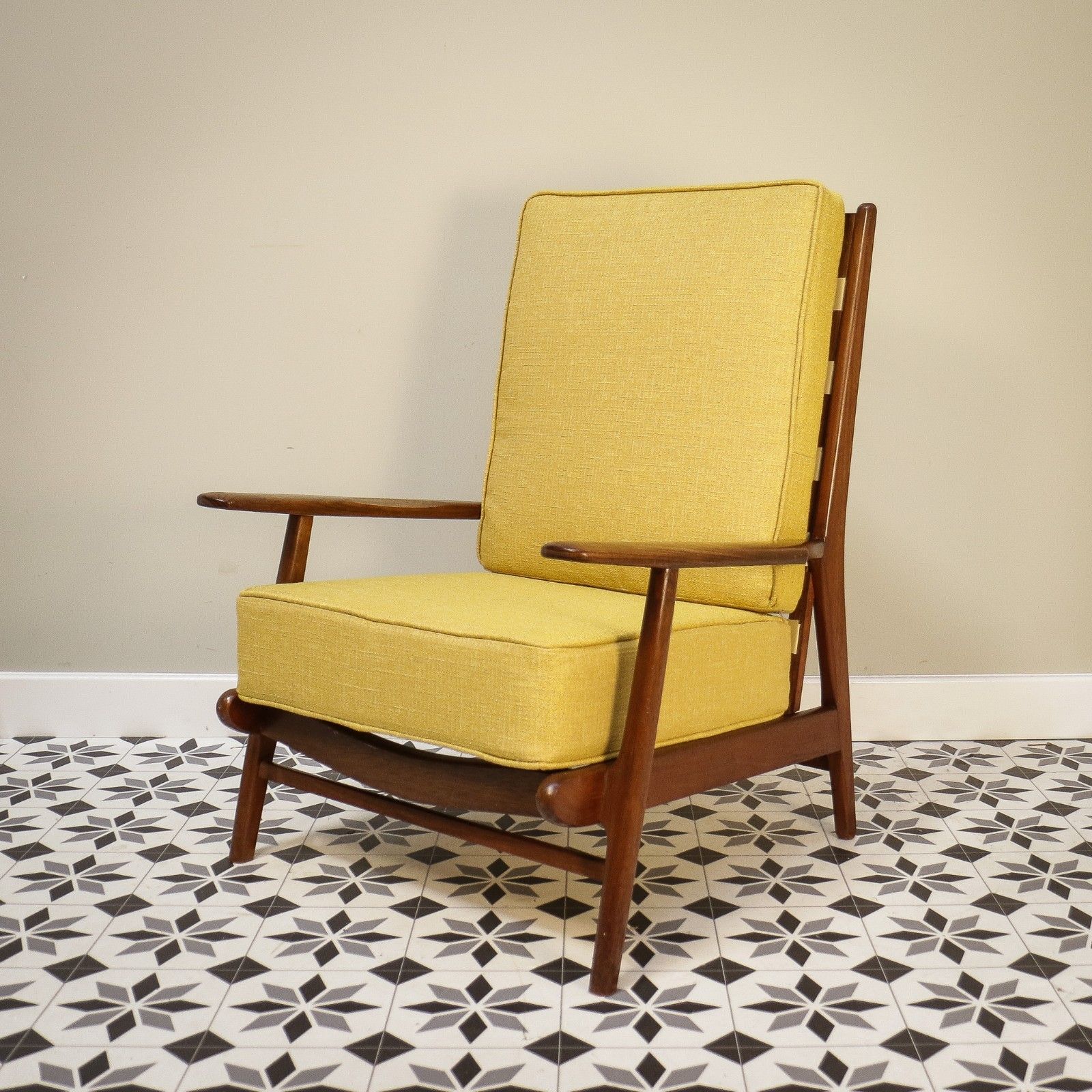 Teak Mid Century Retro Danish Style Fireside Arm Chair  Yellow Newly Upholstered photo vinterior