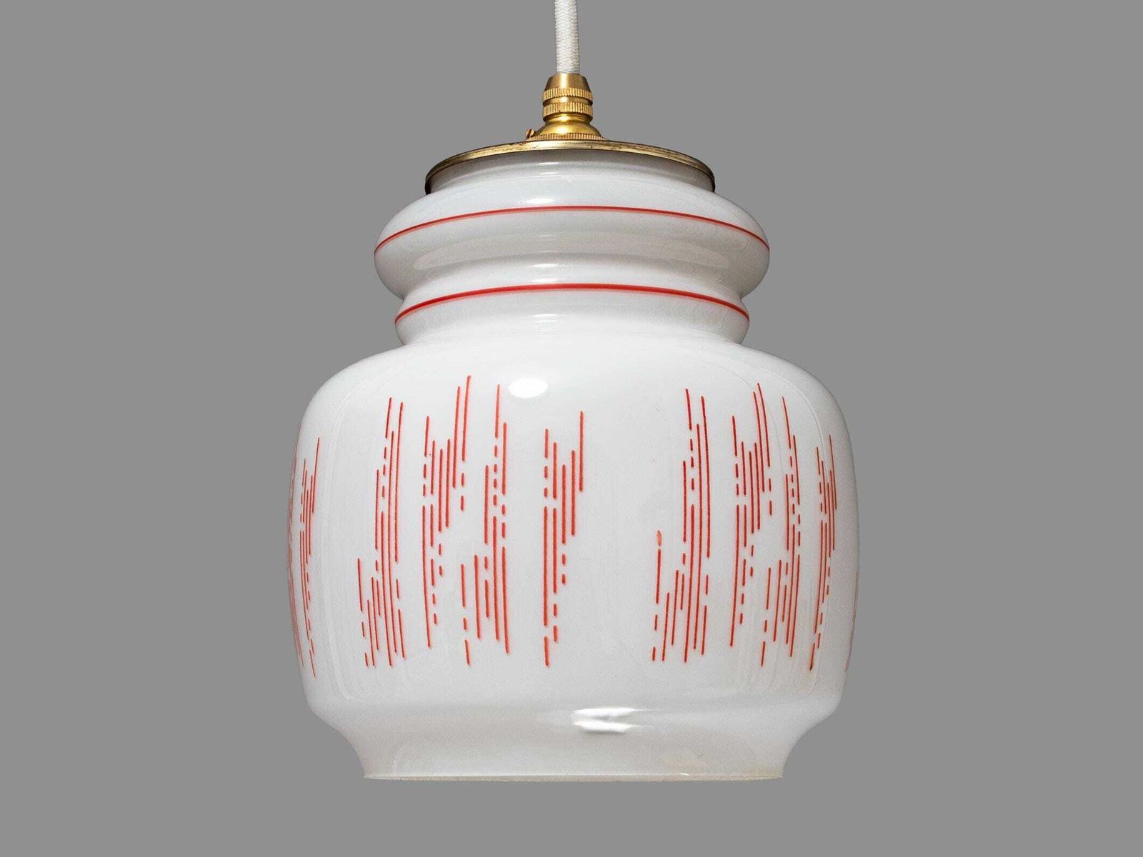 Vintage Opaline Glass Pendant Light – Red Abstract Motif, Mid Century Lighting photo Lighting