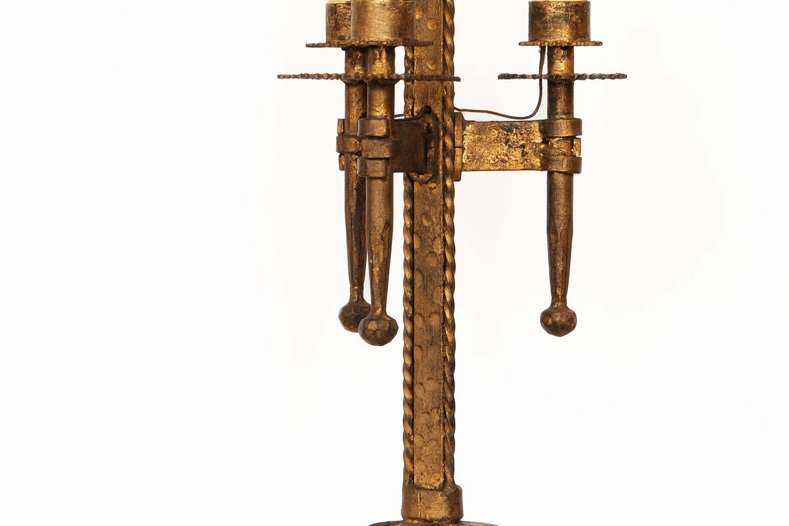 photo buy Mid 20th Century Pair Of Tripod Table Lamps In Golden Wrought Iron, Signed By Ferro Art