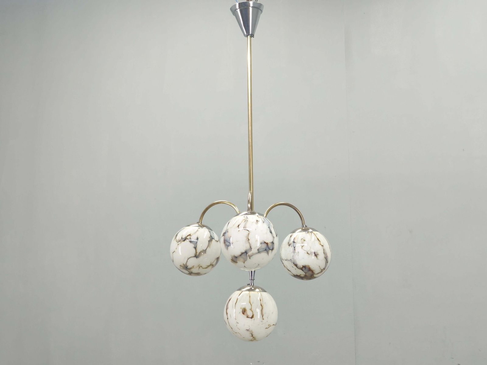 Art Deco Chandelier, Marble Glass, Brass & Chrome, 1930s photo furniture