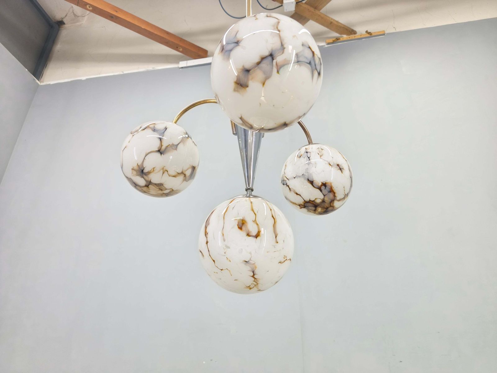 Art Deco Chandelier, Marble Glass, Brass & Chrome, 1930s photo Lighting