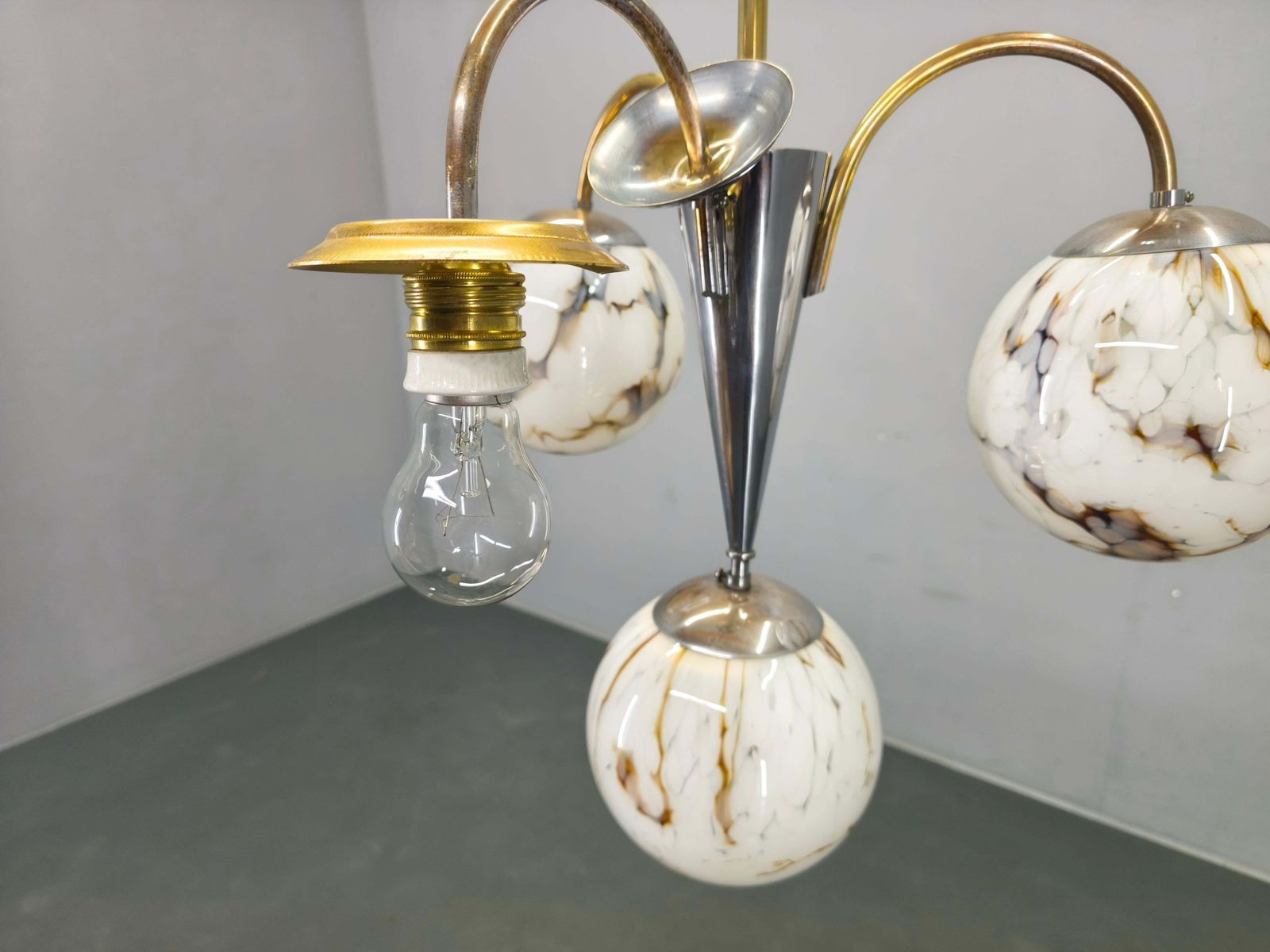 879.0 Art Deco Chandelier, Marble Glass, Brass & Chrome, 1930s photo