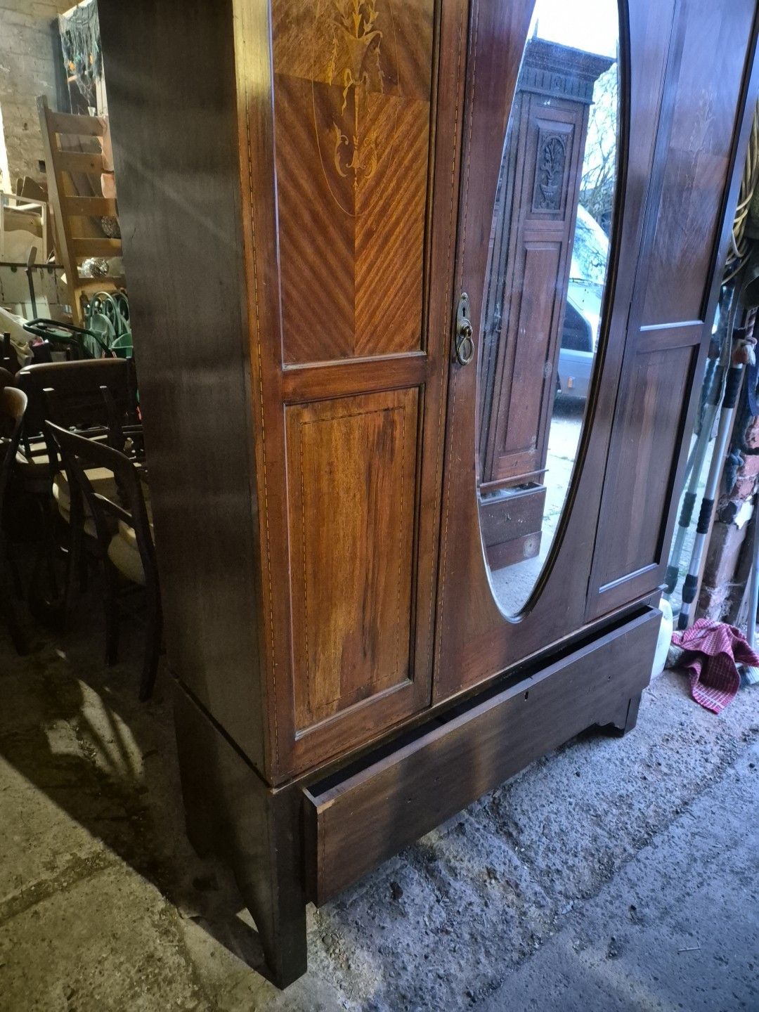 Antique Edwardian Mahogany Inlaid Mirrored Wardrobe With Drawer photo for sale