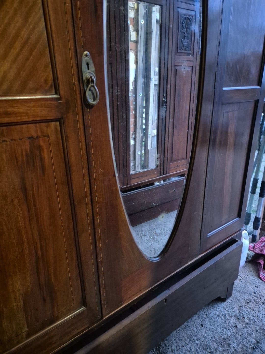 Antique Edwardian Mahogany Inlaid Mirrored Wardrobe With Drawer photo vinterior