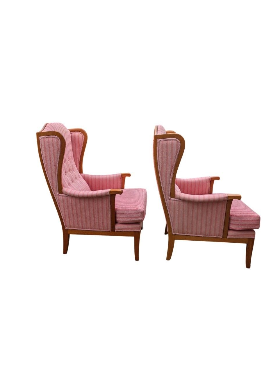 Carl Malmsten “Husfadern” Armchairs, Pair, Stained Hardwood, Rose / Pink Striped photo for sale