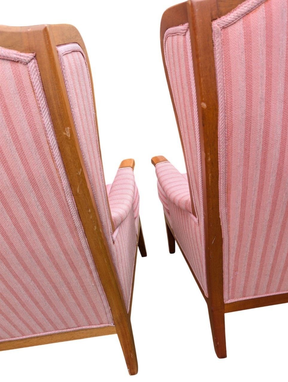 Carl Malmsten “Husfadern” Armchairs, Pair, Stained Hardwood, Rose / Pink Striped photo vinterior