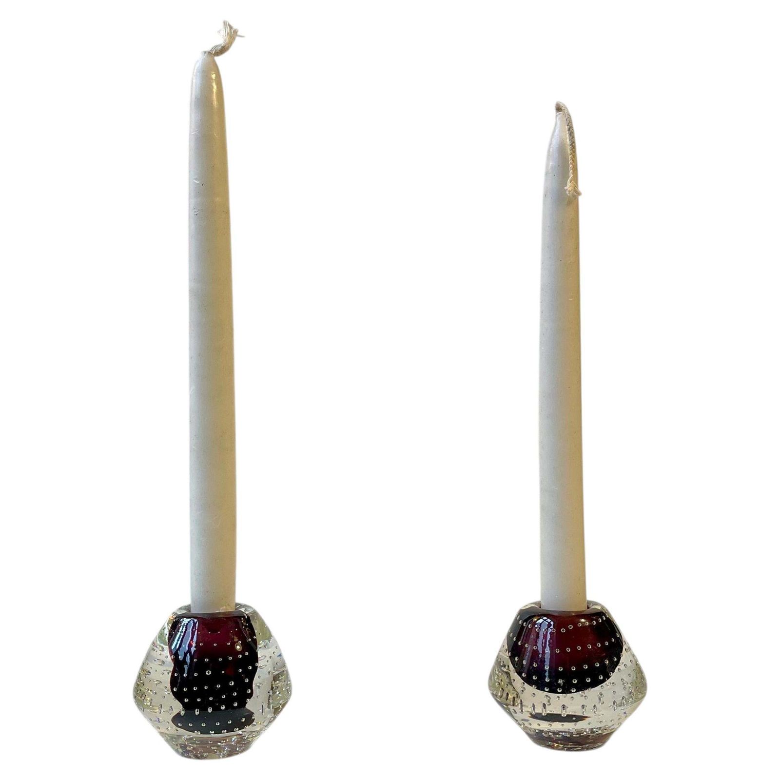 Scandinavian Modern Purple Sommerso Candleholders W. Air Bubbles