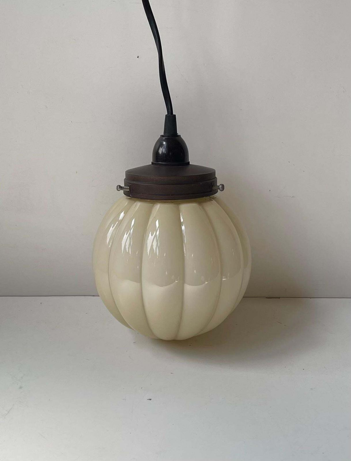Danish Lyfa Art Deco Pendant Lamp   W. Globe Pumpkin Opaline Glass Shade photo vinterior