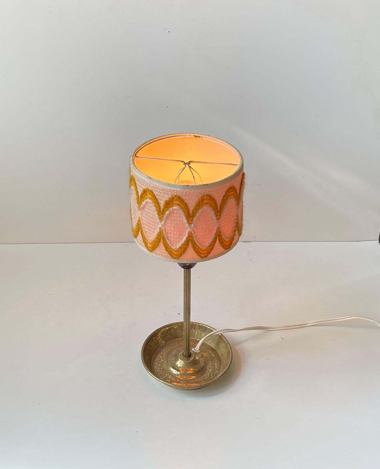 Vintage Hippie Table Lamp With Ashtray Brass Base & Wool Shade, 1970s photo for sale