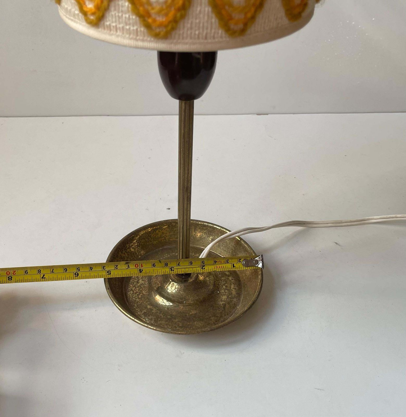 photo for sale Vintage Hippie Table Lamp With Ashtray Brass Base & Wool Shade, 1970s