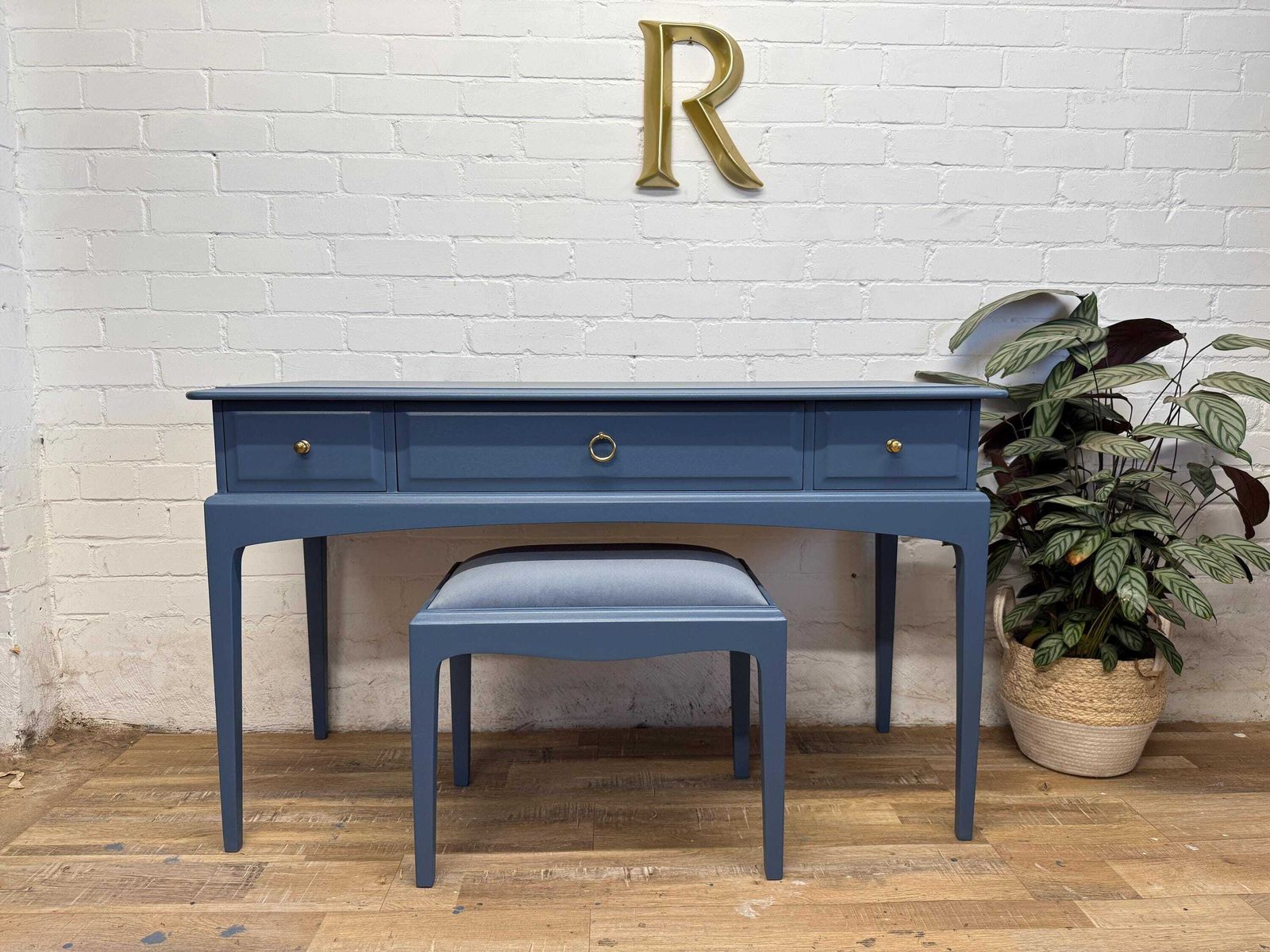 Stag Minstrel Vanity Dressing Table With Matching Stool Painted Evening Dove Blue/Grey