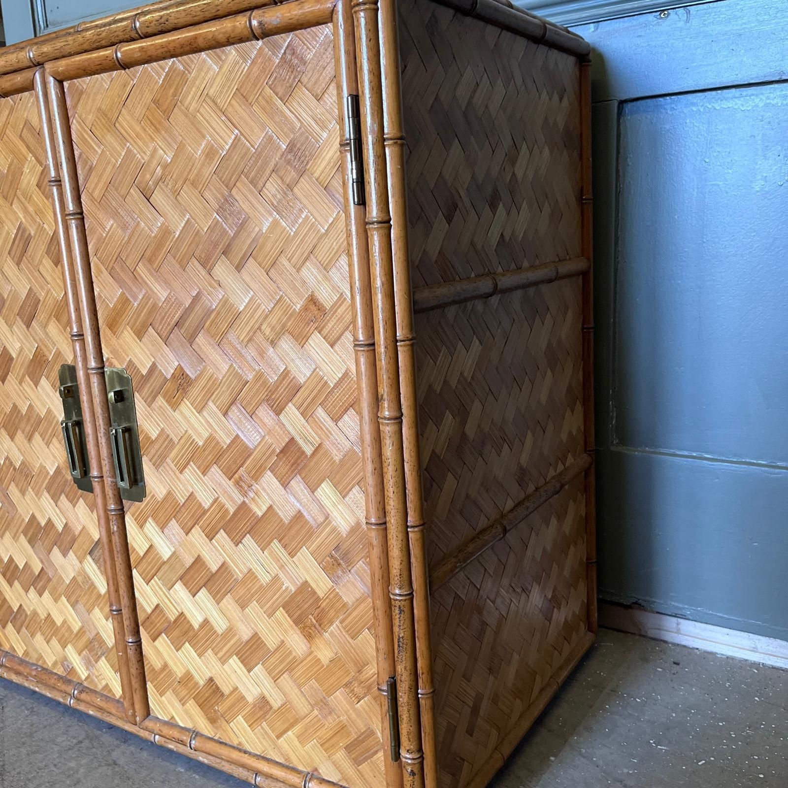 Vintage Bamboo And Rattan Double Door Cabinet With Brass Handles photo furniture
