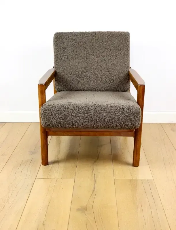 Wooden Armchair Designed By Z. Baczyk, Vintage Brown, Chocolate Brown, Boucle Lamb photo for sale