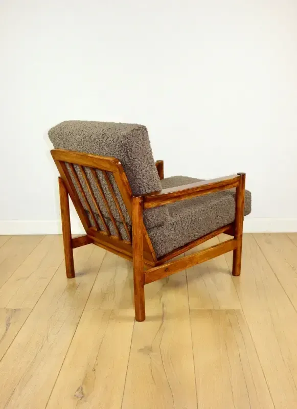 Wooden Armchair Designed By Z. Baczyk, Vintage Brown, Chocolate Brown, Boucle Lamb photo vintage