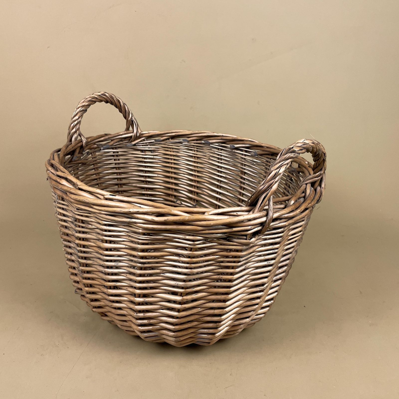 Oval Basket Woven Wicker Handles Log Storage Laundry Carrier Cottage Farmhouse Vintage Antique Handmade Old Traditional Round Medium photo furniture