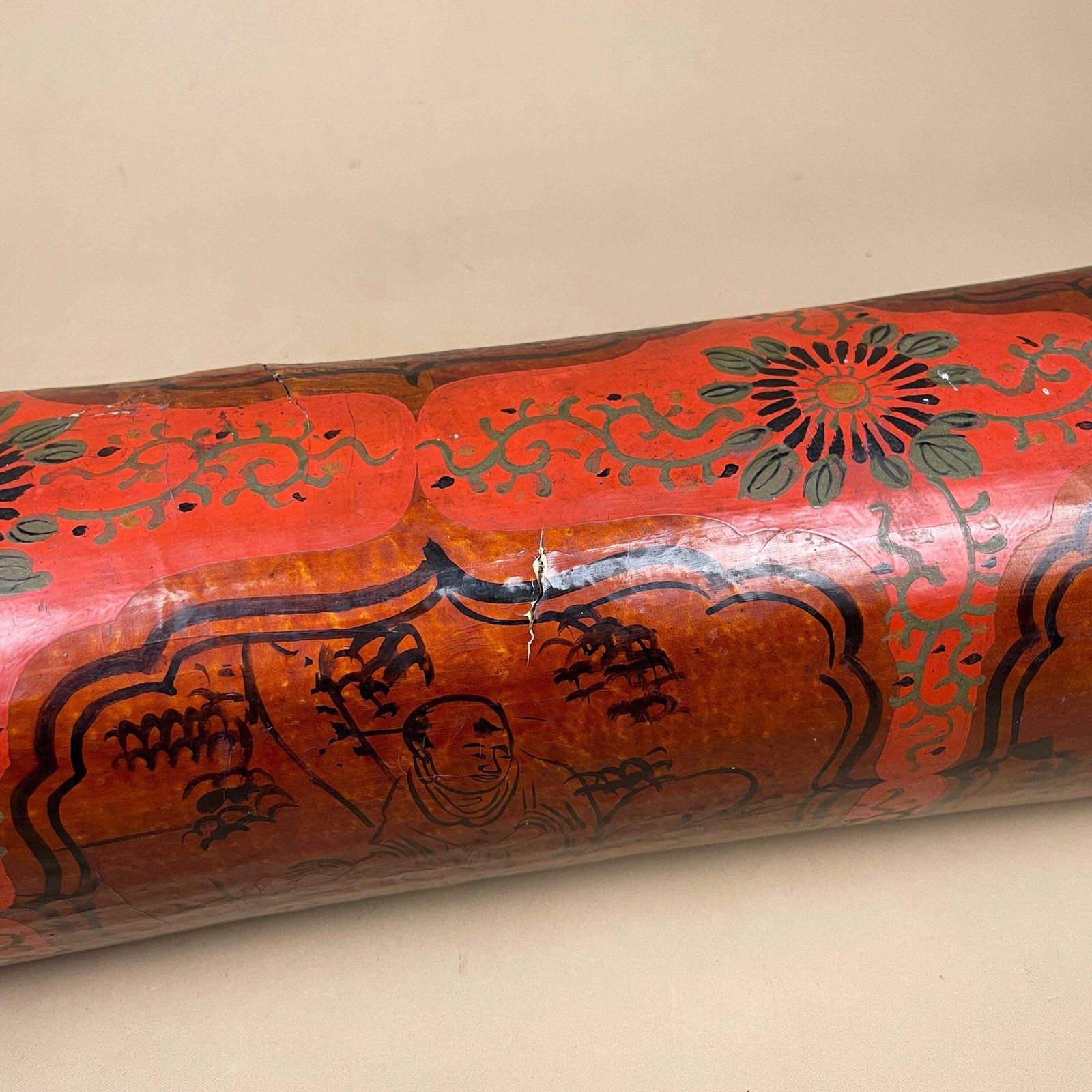 photo for sale Chinese Lacquer Pillow Headrest Hand Painted Floral Red Black Decor Art C.Mid 19th Century Lacquered Asian Oriental