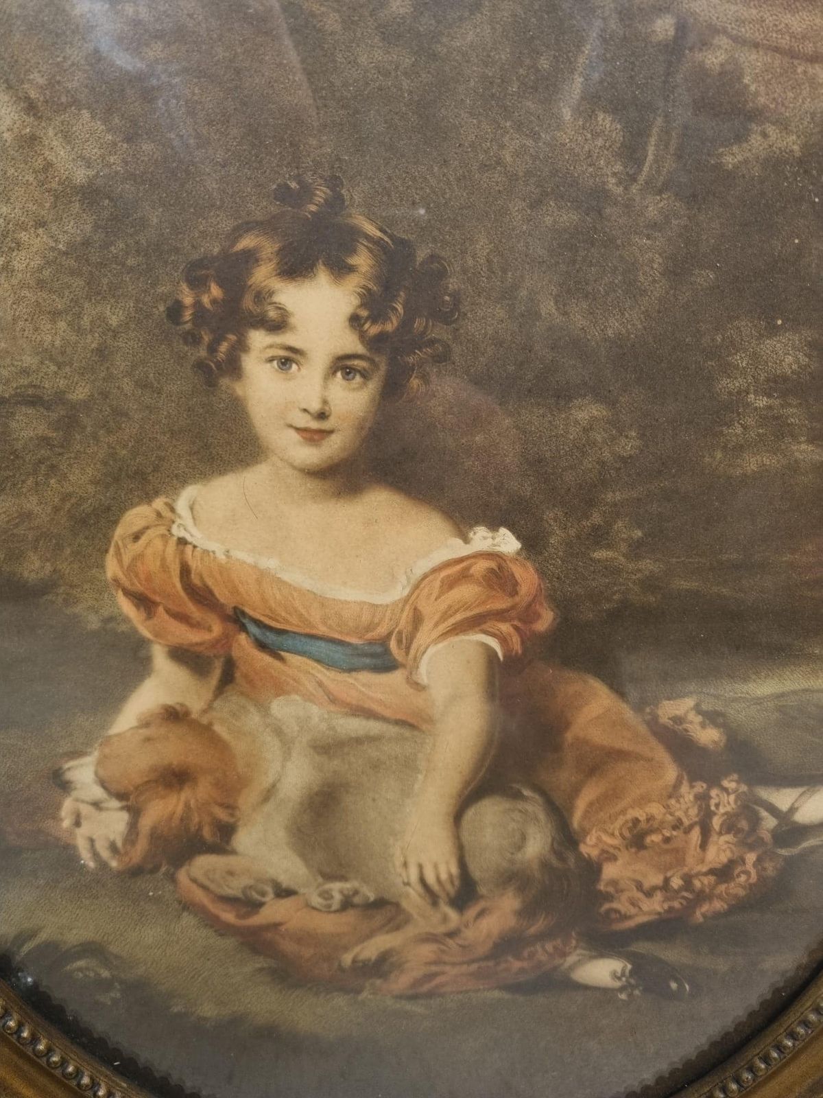 Antique Oval Framed Print / Romantic Portrait With Dog / C.1910 photo 149.0