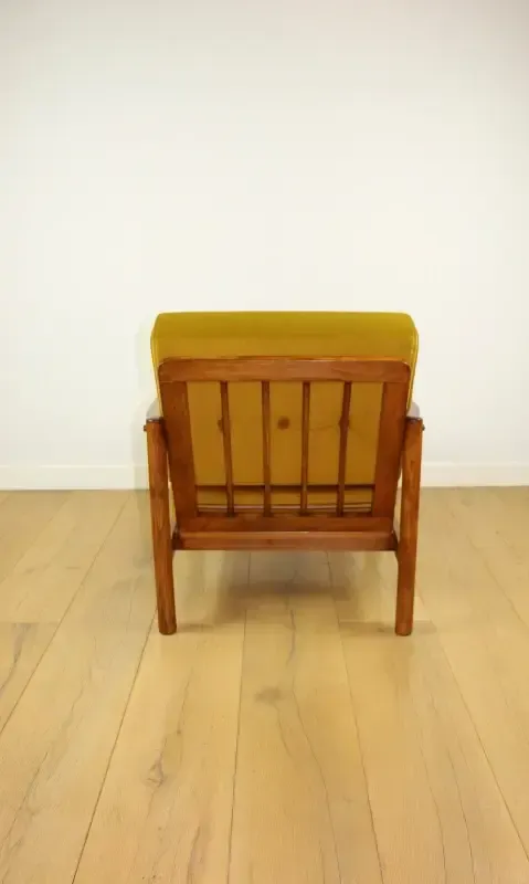 Wooden Armchair Designed By Z. Baczyk, Vintage Brown, Yellow And Olive photo vintage