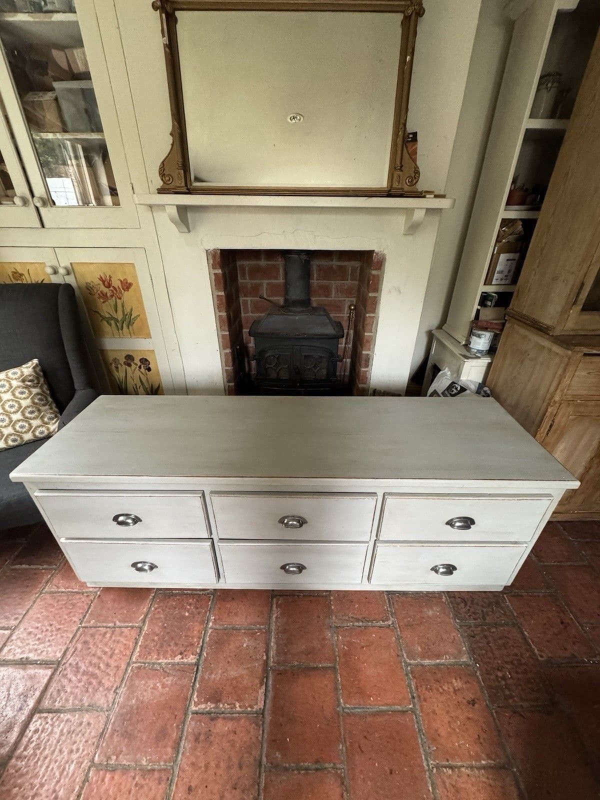 photo vinterior Solid Pine Grey Painted Multidrawer Low Sideboard Chest Of Drawers Tv Table