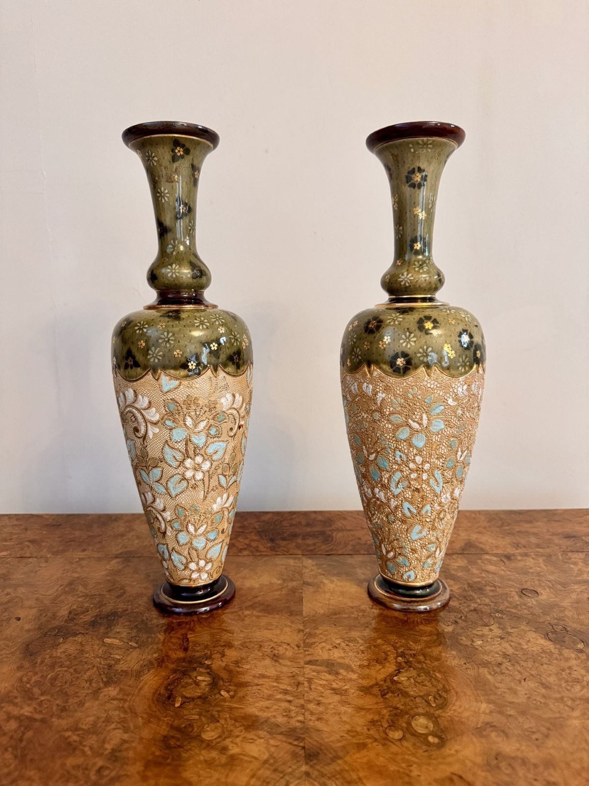 Elegant Quality Pair Of Antique Doulton Lambeth Vases photo vintage