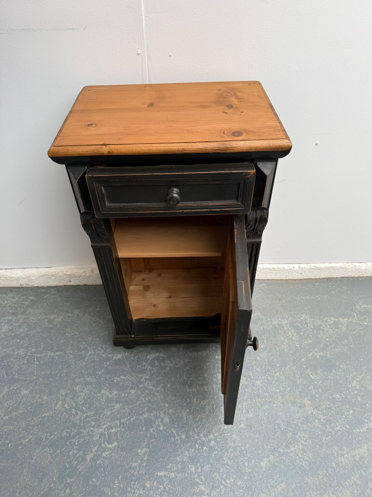 A Beautifully Painted Black Pine & Oak Carved Victorian Bedside Cabinet photo vintage
