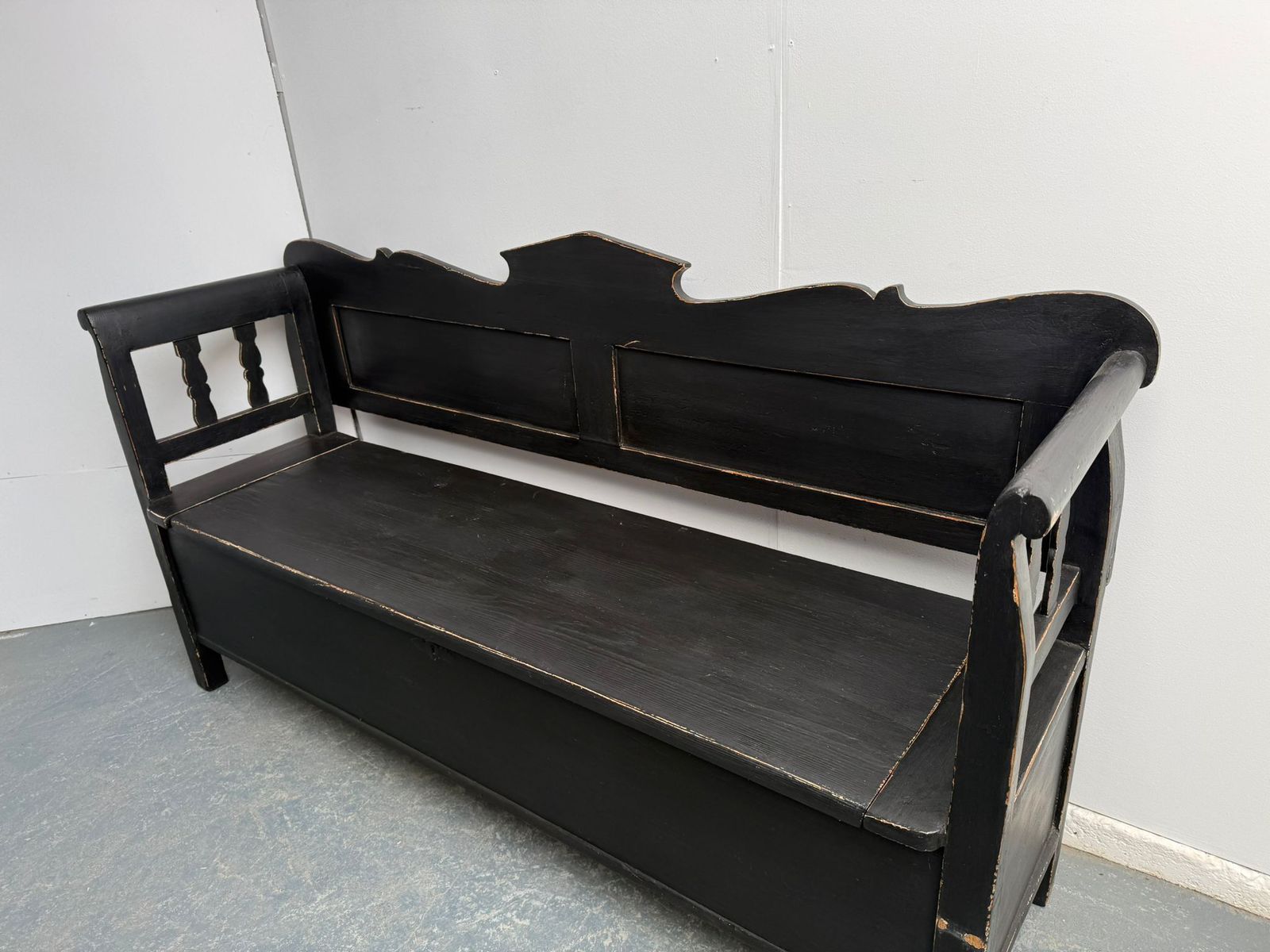 A Genuine Hungarian Pine Painted Black Victorian 3 Seater Bench photo furniture