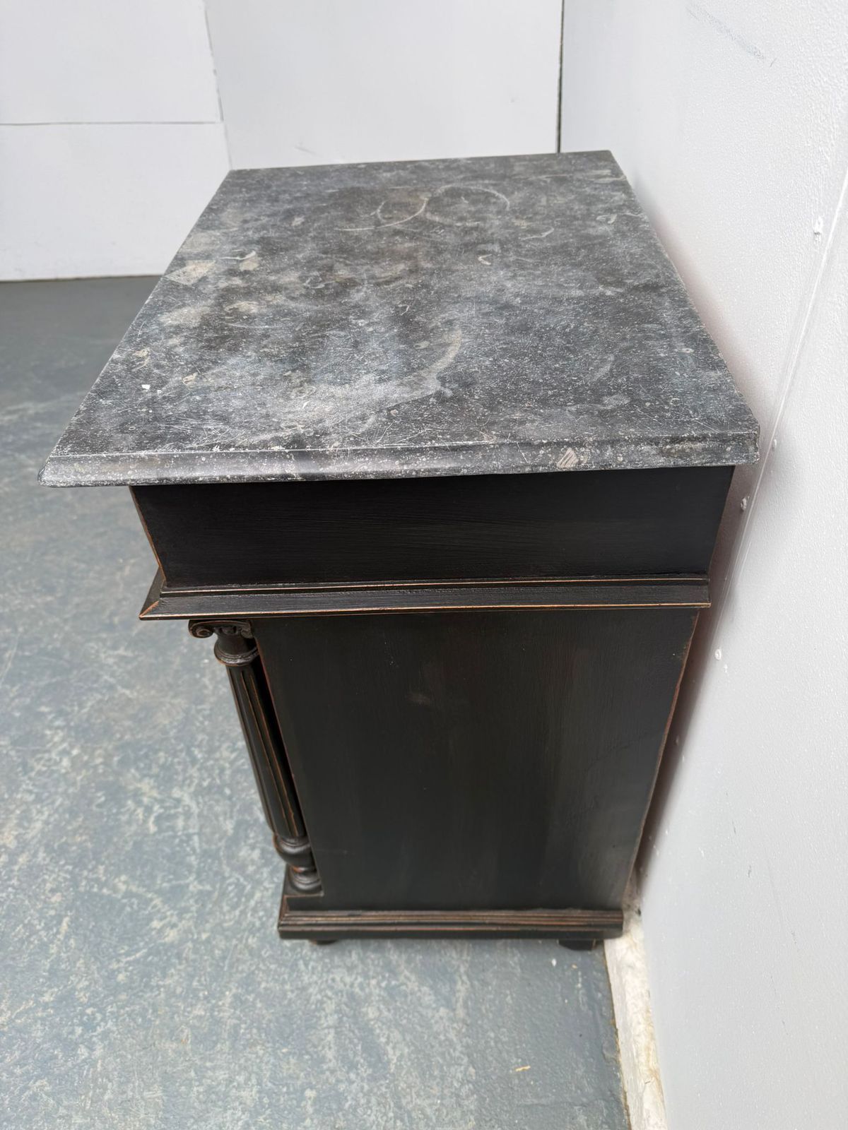 An Original Hungarian Antique Pine & Oak Painted Black Columned Bedside Cabinet photo 395.0