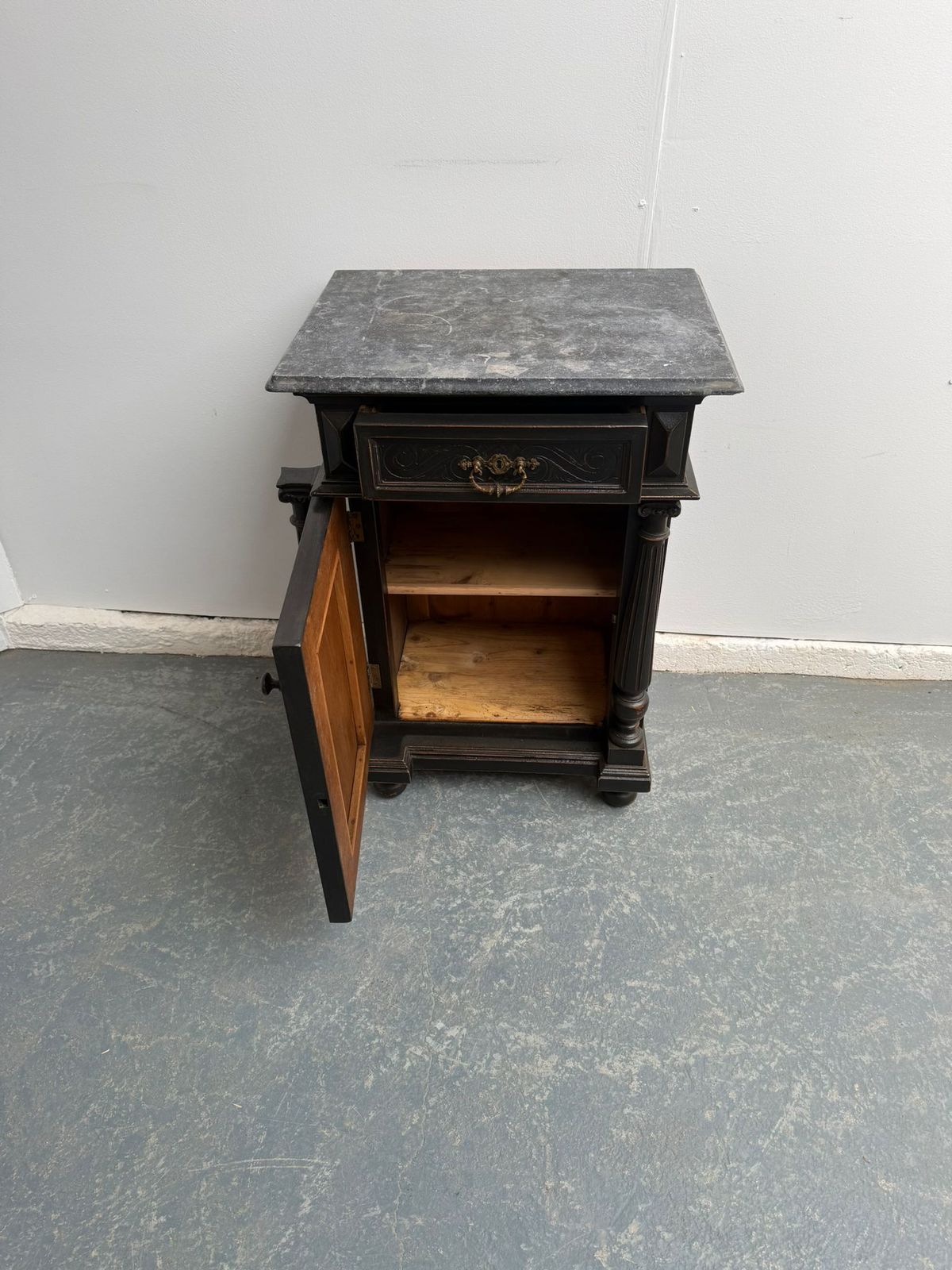 photo furniture An Original Hungarian Antique Pine & Oak Painted Black Columned Bedside Cabinet