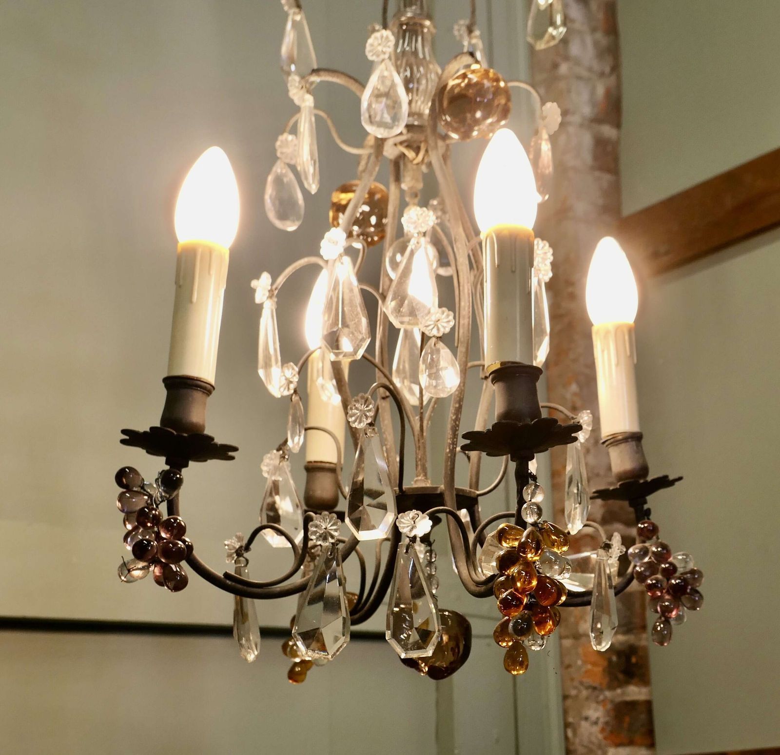 French Chandelier Hung With Crystal Amber & Mauve Fruits This Is A Stunning Piece photo for sale
