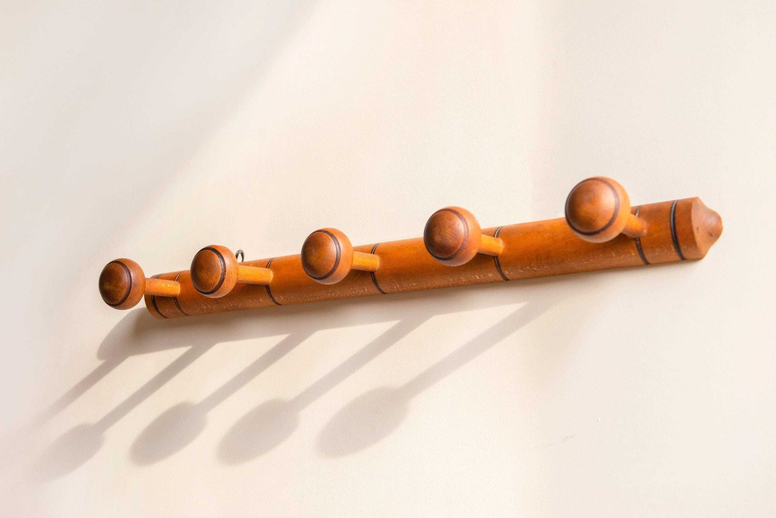 French Faux Bamboo Coat Rack   Vintage Wooden Wall Hooks   Rustic Wall Rack photo for sale