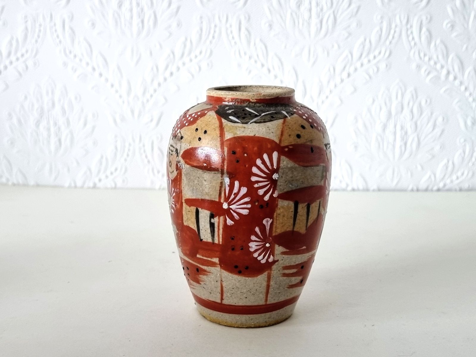 Japanese Moriage Vase, Antique Satsuma Stoneware, Hand Painted Raised Enamel, Miniature Ceramic, Geisha Decor Pottery photo for sale