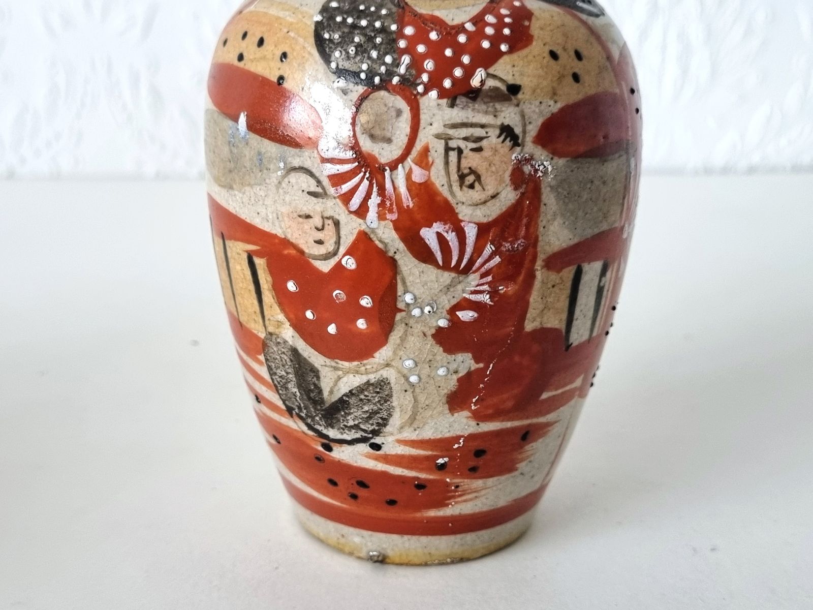 Japanese Moriage Vase, Antique Satsuma Stoneware, Hand Painted Raised Enamel, Miniature Ceramic, Geisha Decor Pottery photo buy