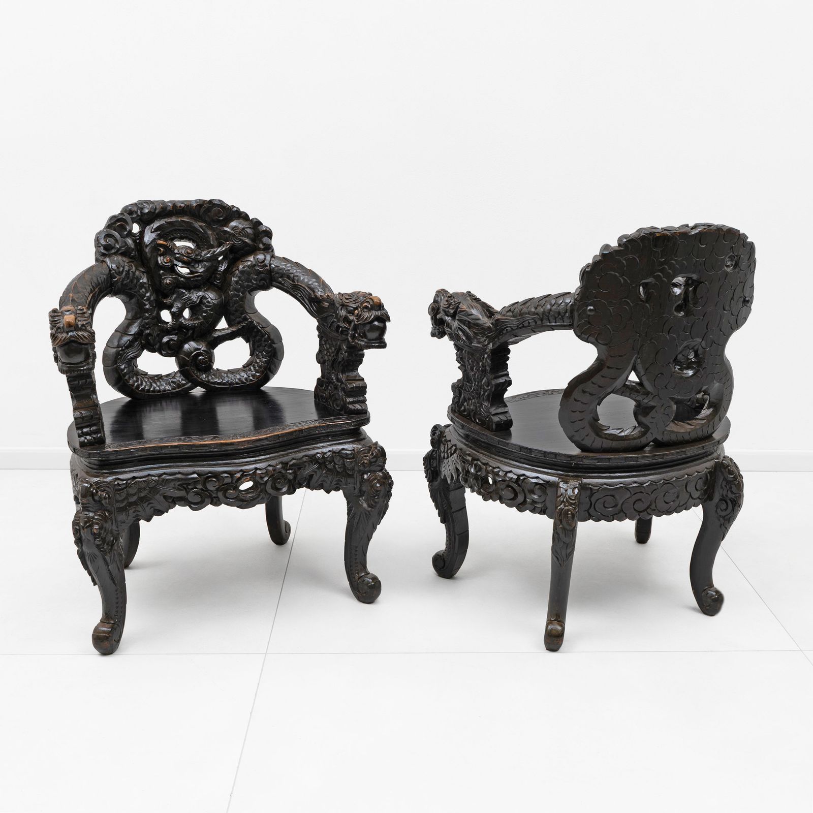 Pair Of Chinese Qing Dynasty Carved Dragon Armchairs, Ebonized Hardwood, 19th photo furniture