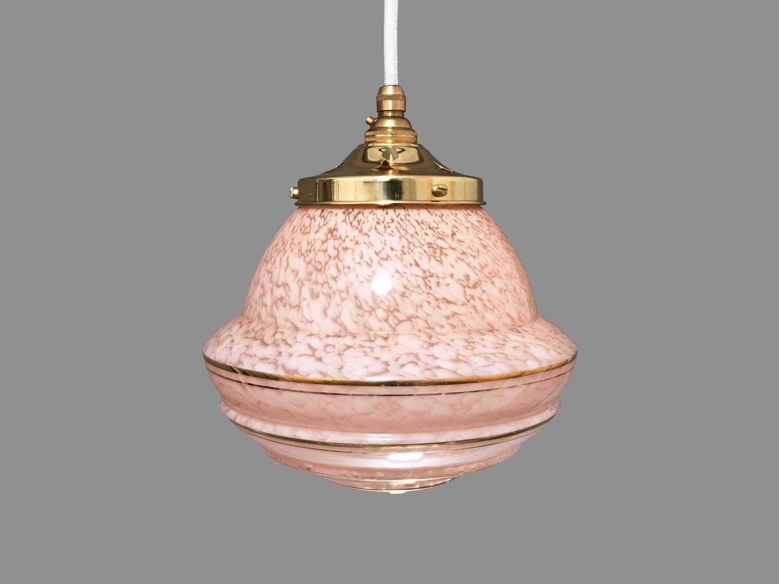 1930s Pink Glass Pendant Shade – Gold Bands, Art Deco Lighting Home Decor photo for sale